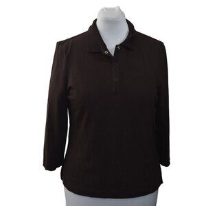 Paraphrase Polo Shirt Womens XL Brown Cotton 3/4 Sleeve Snap Closure